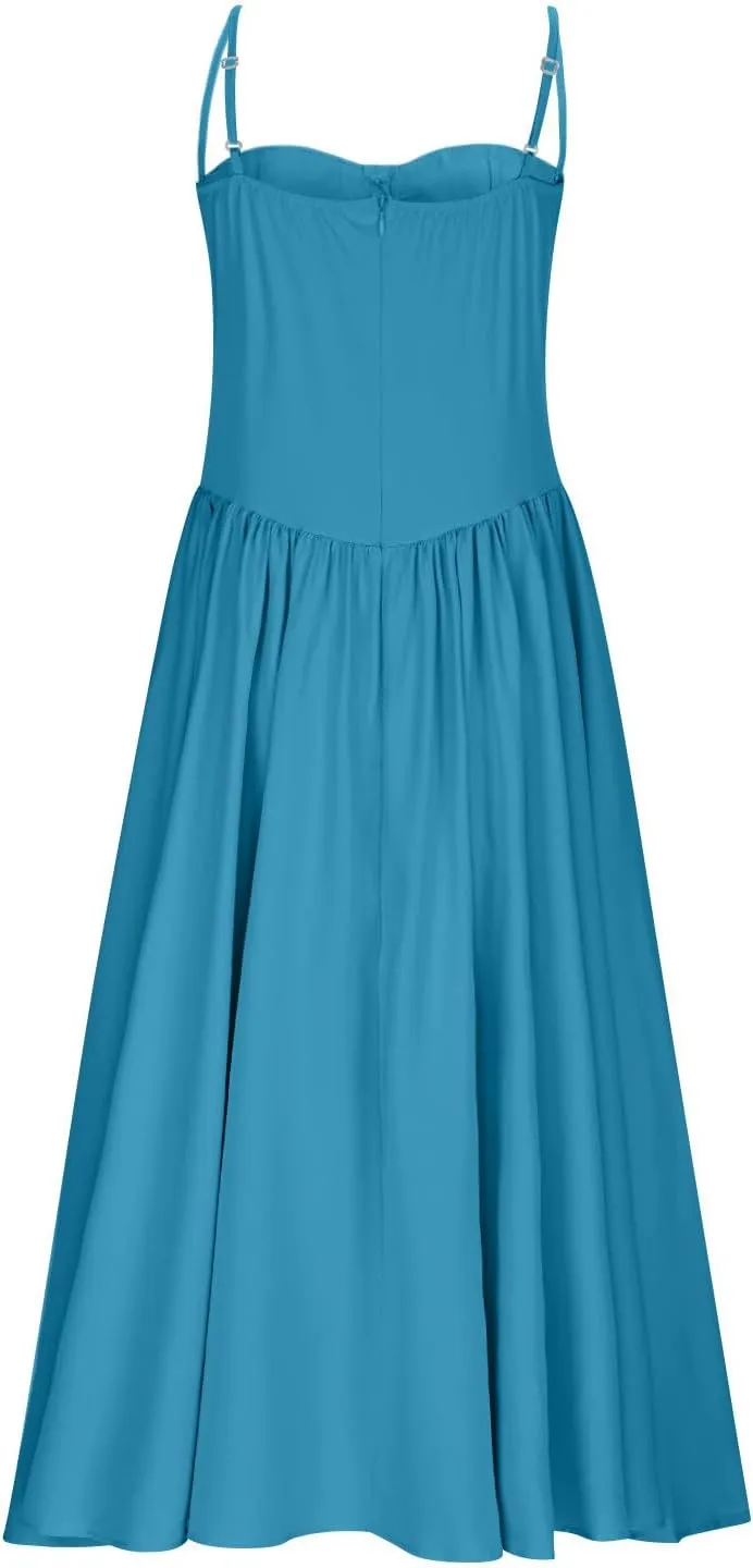 2025 Corset Dress for Women Elegant Spaghetti Strap Bustier Midi Dress Flowy Pleated Hem Prom Dresses with Pockets