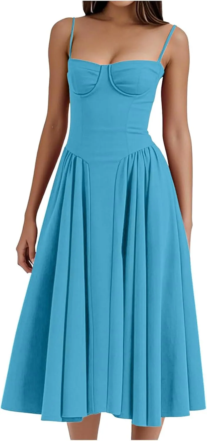 2025 Corset Dress for Women Elegant Spaghetti Strap Bustier Midi Dress Flowy Pleated Hem Prom Dresses with Pockets