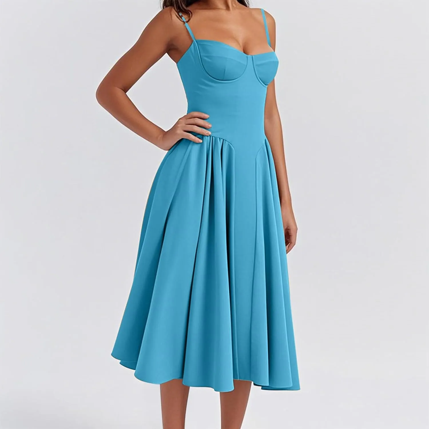2025 Corset Dress for Women Elegant Spaghetti Strap Bustier Midi Dress Flowy Pleated Hem Prom Dresses with Pockets