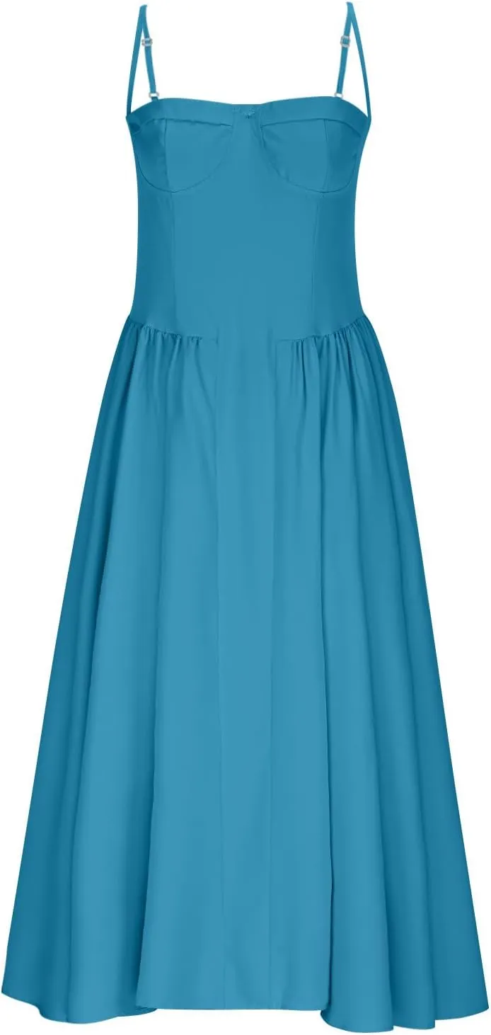 2025 Corset Dress for Women Elegant Spaghetti Strap Bustier Midi Dress Flowy Pleated Hem Prom Dresses with Pockets