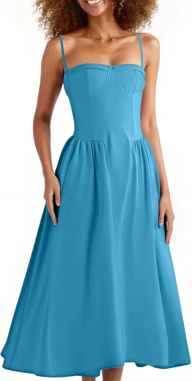 2025 Corset Dress for Women Elegant Spaghetti Strap Bustier Midi Dress Flowy Pleated Hem Prom Dresses with Pockets