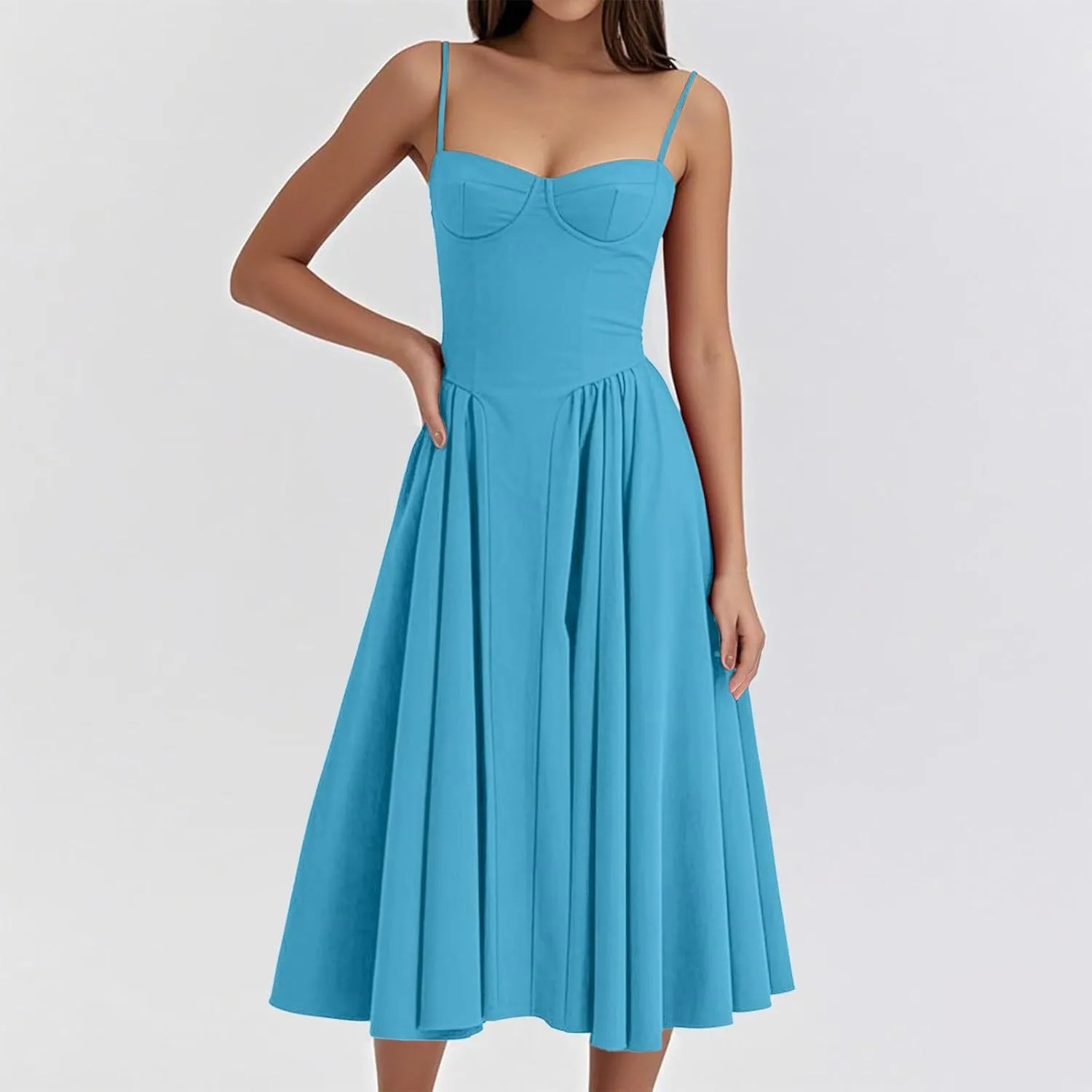 2025 Corset Dress for Women Elegant Spaghetti Strap Bustier Midi Dress Flowy Pleated Hem Prom Dresses with Pockets