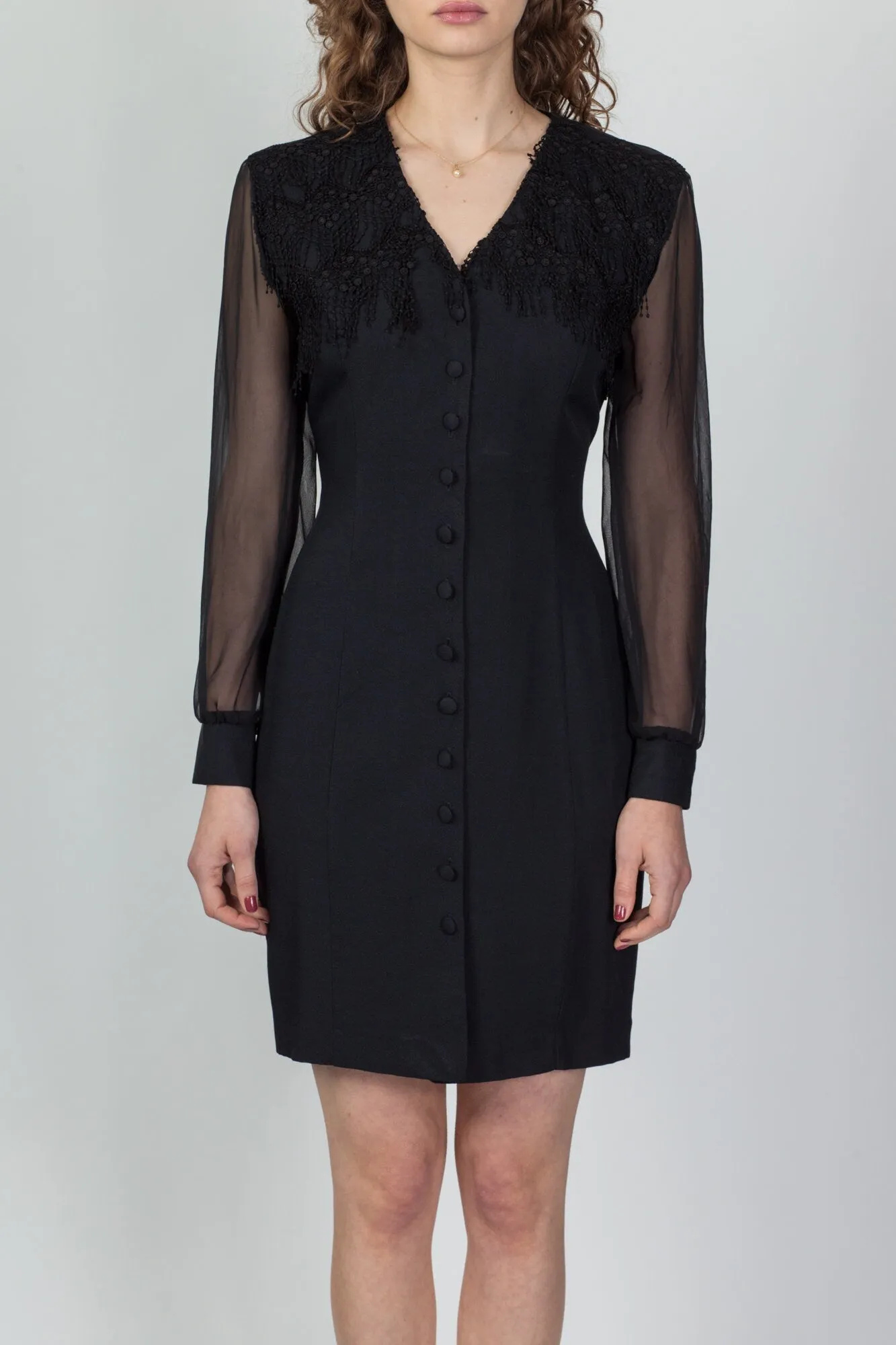 80s Black Sheer Sleeve Crochet Trim Secretary Dress - Small
