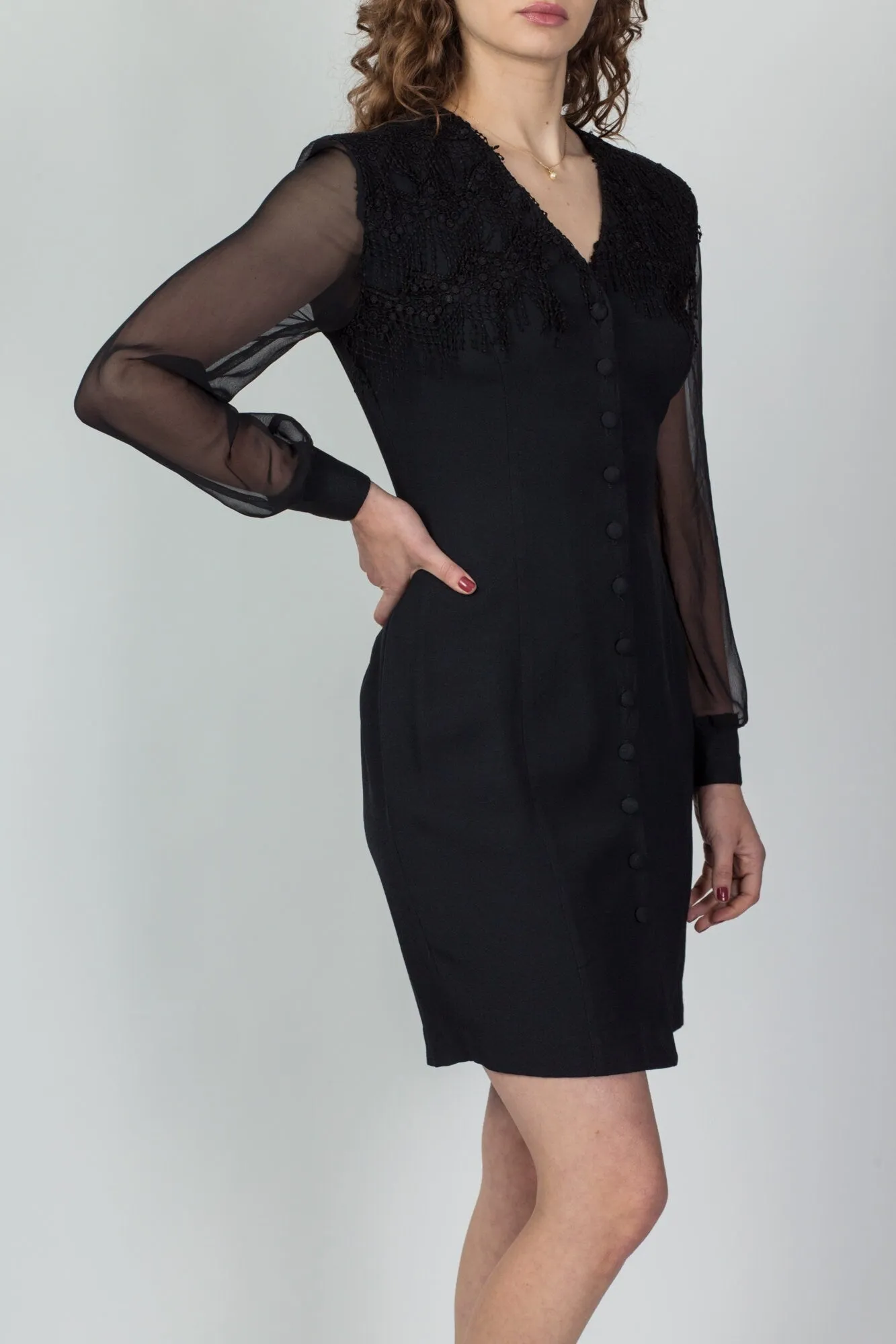 80s Black Sheer Sleeve Crochet Trim Secretary Dress - Small