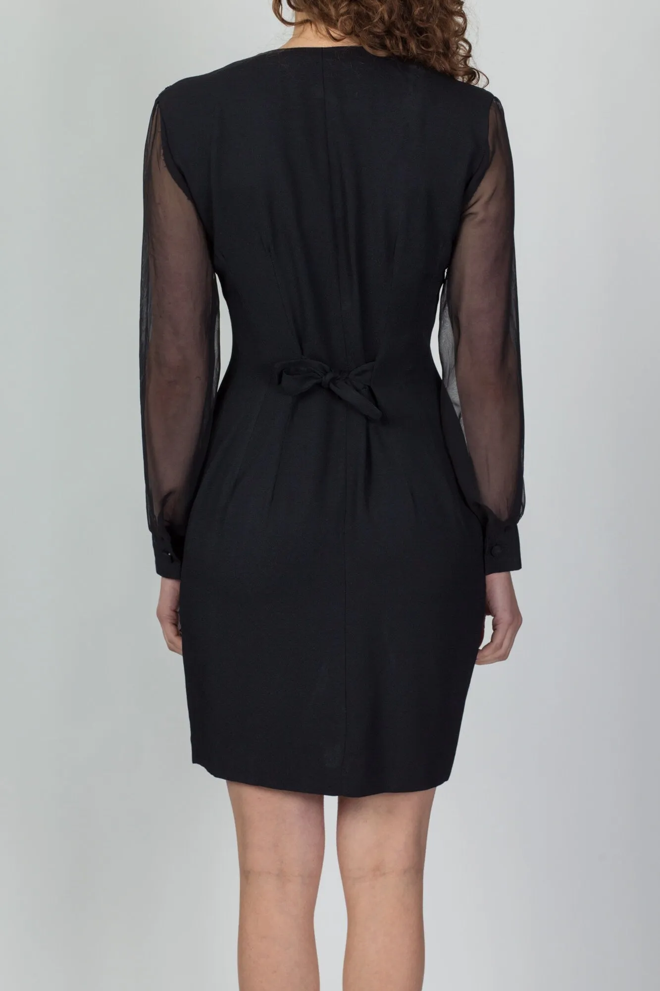 80s Black Sheer Sleeve Crochet Trim Secretary Dress - Small