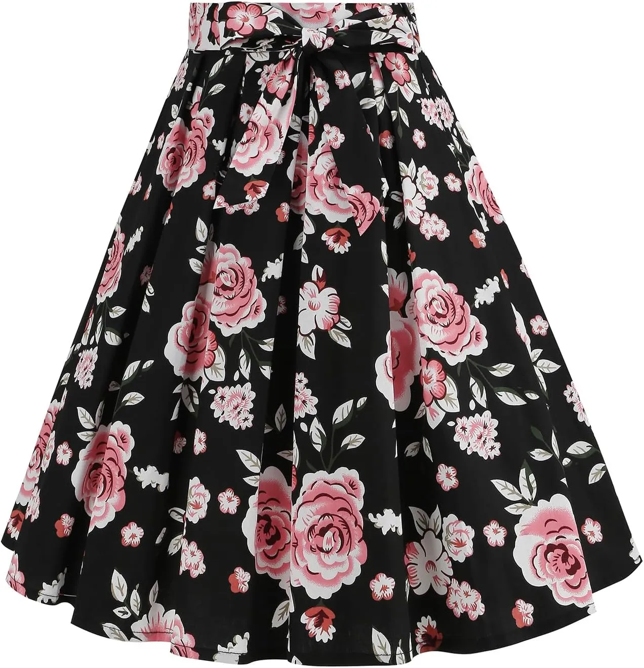 ABAFIP Women's Floral Print Flared Pleated Skirts 1950s Vintage Flower Skirt with Belt Knee Length