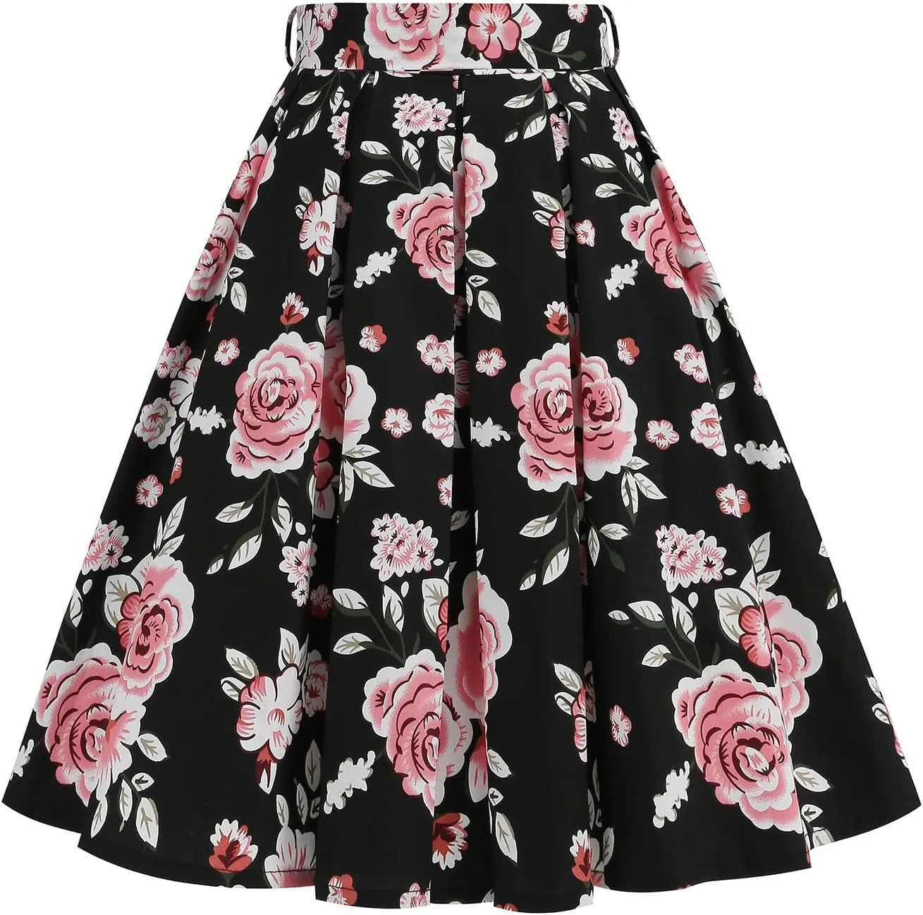ABAFIP Women's Floral Print Flared Pleated Skirts 1950s Vintage Flower Skirt with Belt Knee Length