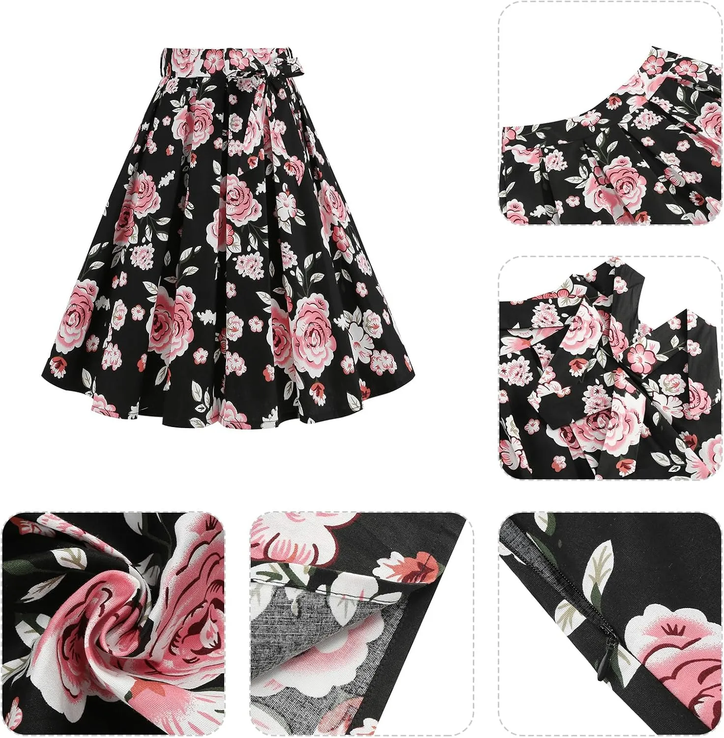 ABAFIP Women's Floral Print Flared Pleated Skirts 1950s Vintage Flower Skirt with Belt Knee Length
