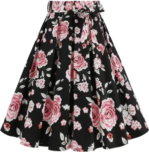 ABAFIP Women's Floral Print Flared Pleated Skirts 1950s Vintage Flower Skirt with Belt Knee Length