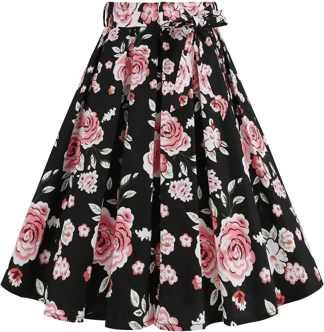 ABAFIP Women's Floral Print Flared Pleated Skirts 1950s Vintage Flower Skirt with Belt Knee Length