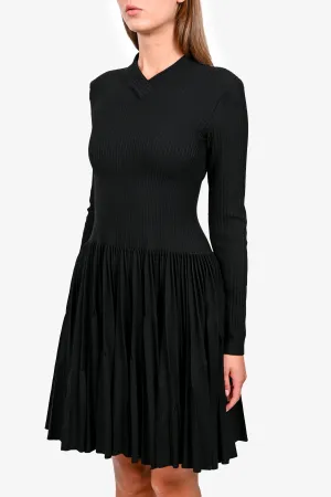 Alaia Black Ribbed Wool-Blend Turtleneck Pleated Dress Size 42