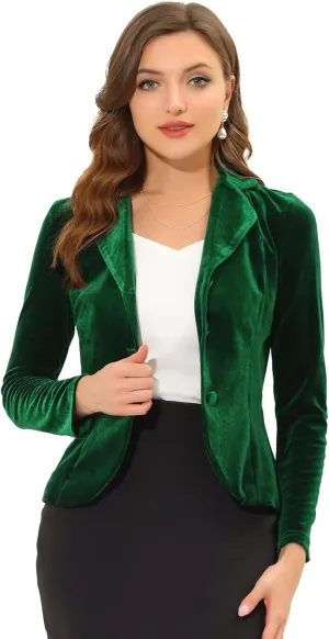 Allegra K Women's Suit Jacket Notched Lapel Long Sleeve Office Business Button Velvet Blazer