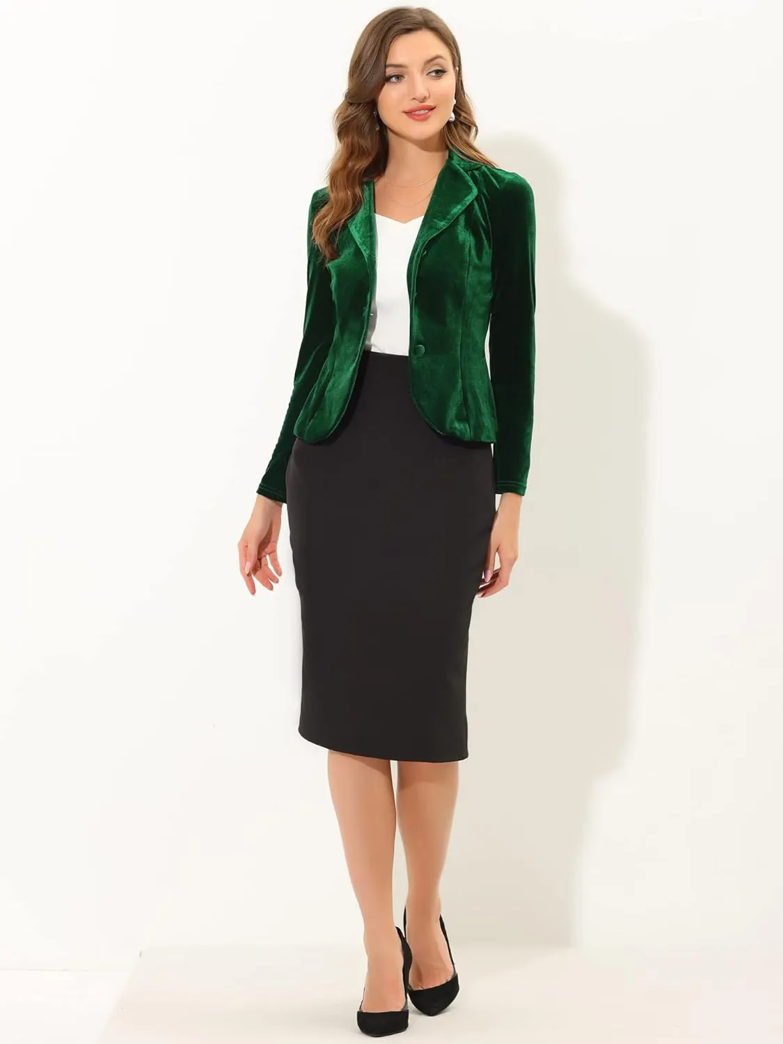 Allegra K Women's Suit Jacket Notched Lapel Long Sleeve Office Business Button Velvet Blazer