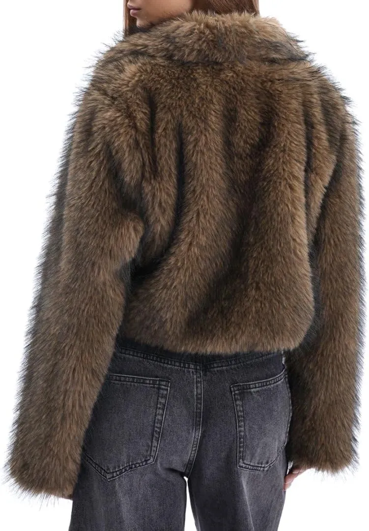 Amazhiyu Women's Faux Fur Cropped Coat Winter Open-front Long Sleeve Jackets Warm