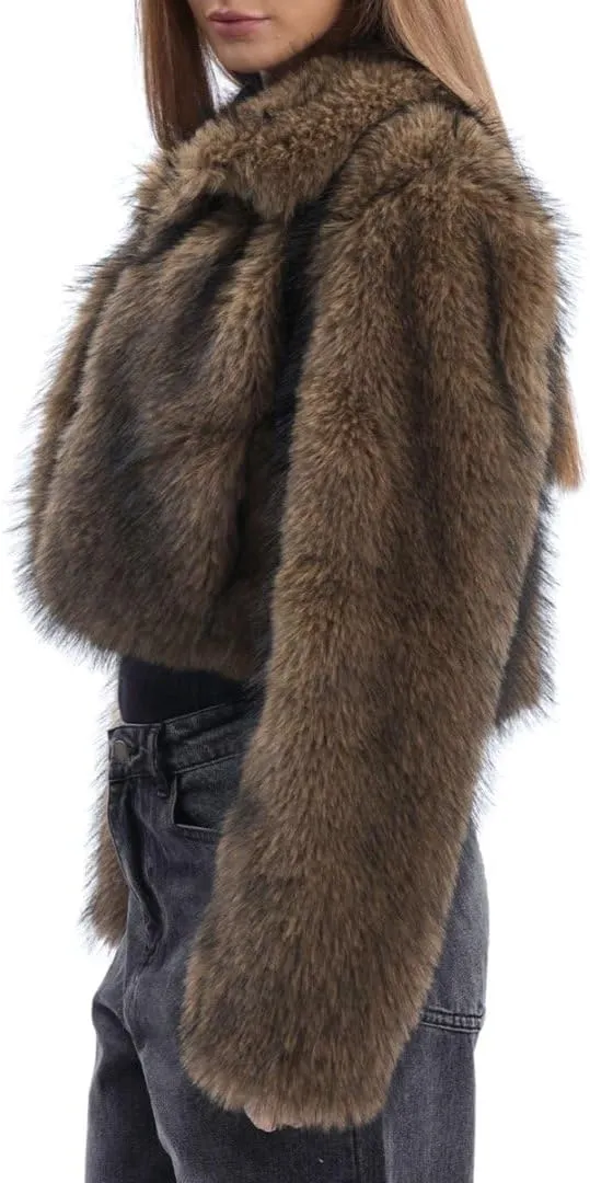 Amazhiyu Women's Faux Fur Cropped Coat Winter Open-front Long Sleeve Jackets Warm