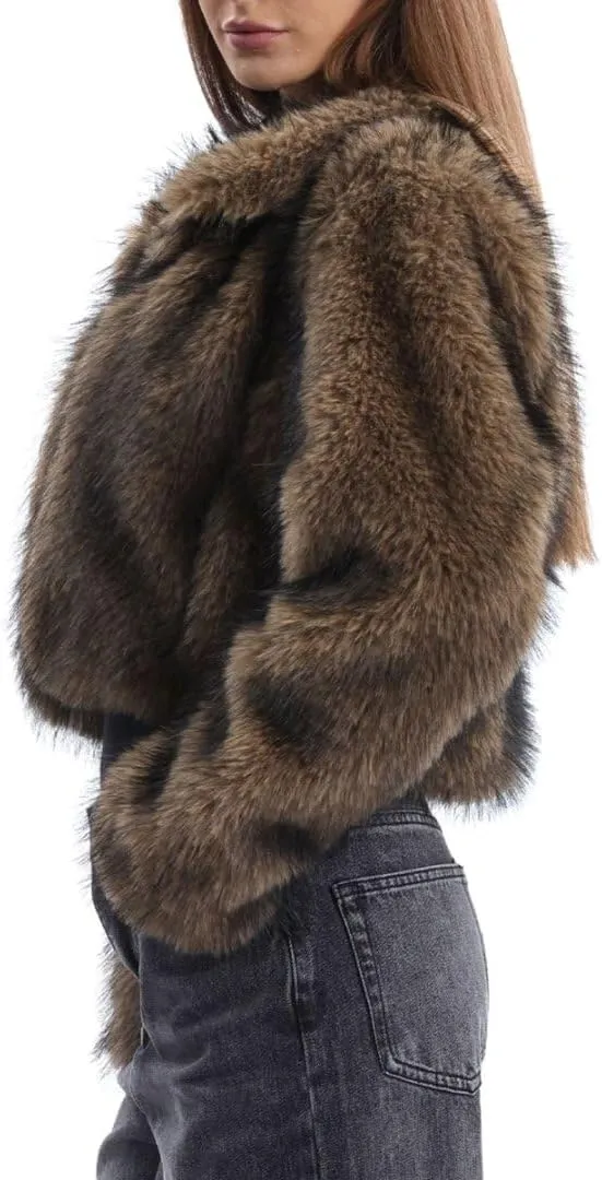 Amazhiyu Women's Faux Fur Cropped Coat Winter Open-front Long Sleeve Jackets Warm