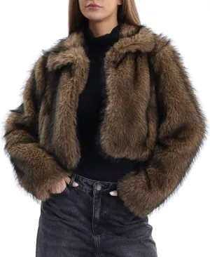 Amazhiyu Women's Faux Fur Cropped Coat Winter Open-front Long Sleeve Jackets Warm