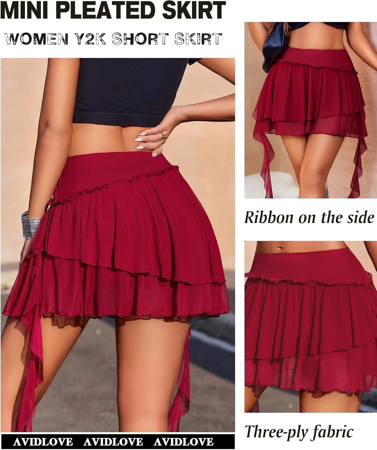 Avidlove Women's Pleated Mini Skirt Mesh Layered Ruffled Skirt Casual Ruffles Flowy Skorts S-XXL