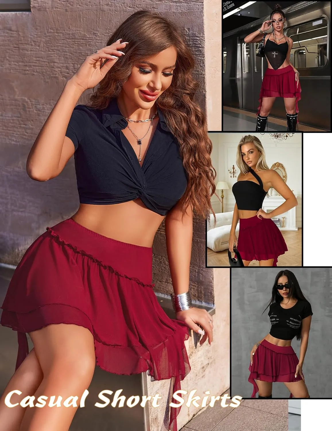 Avidlove Women's Pleated Mini Skirt Mesh Layered Ruffled Skirt Casual Ruffles Flowy Skorts S-XXL