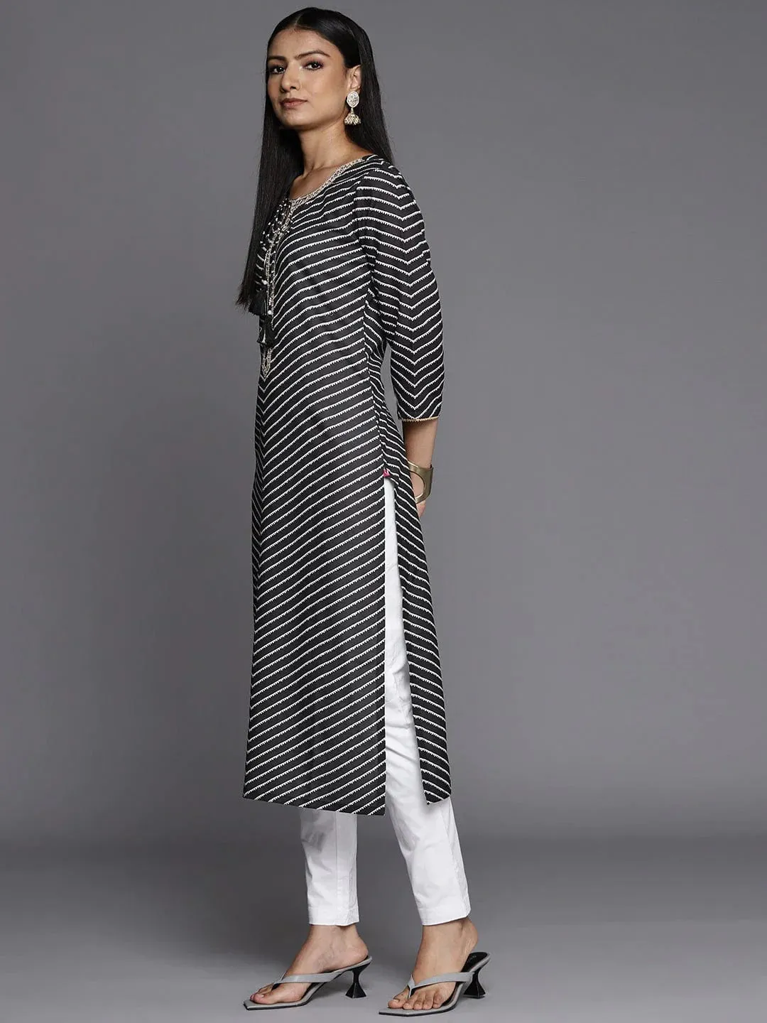 Black & White Cotton Striped & Zari Detailing Straight Cut Kurta
