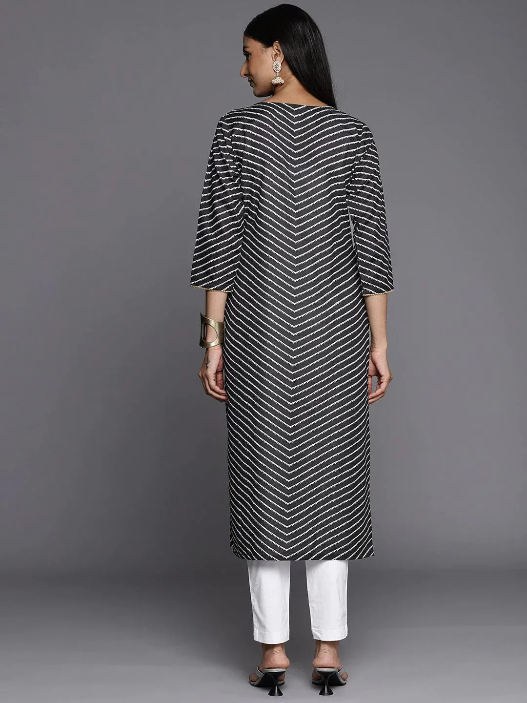 Black & White Cotton Striped & Zari Detailing Straight Cut Kurta