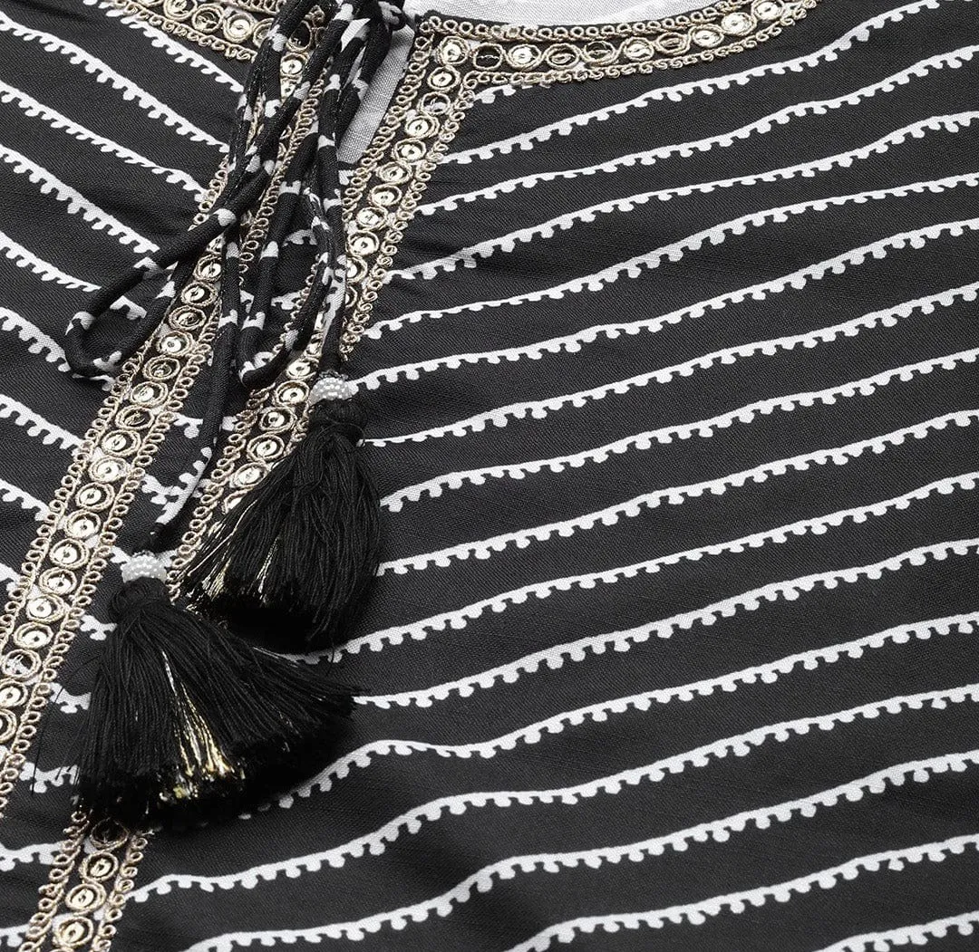 Black & White Cotton Striped & Zari Detailing Straight Cut Kurta