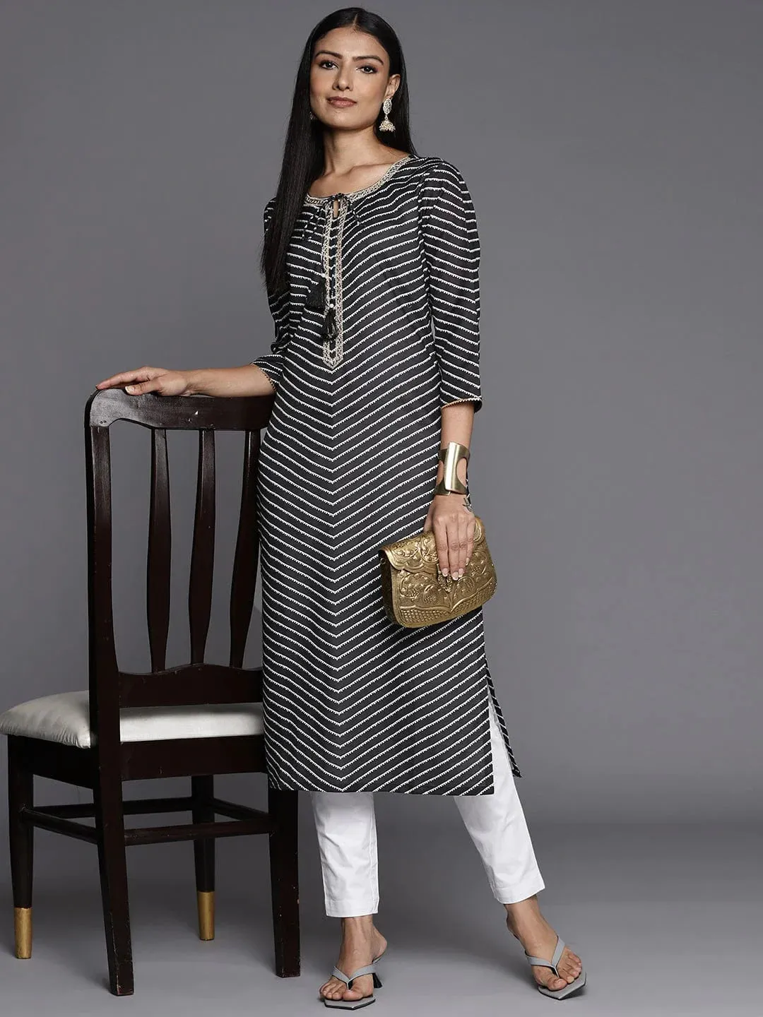 Black & White Cotton Striped & Zari Detailing Straight Cut Kurta