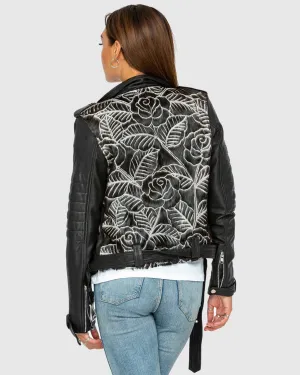 Carved Leather Biker Jacket - Black Rose