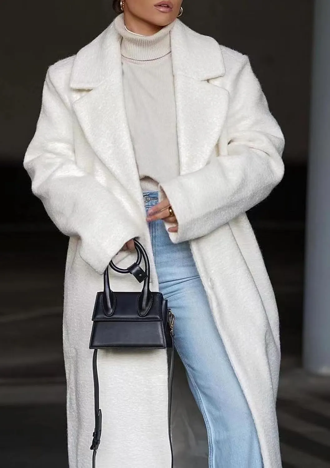 CHARTOU Women One Button Long Pea Coat Wool Blend Trench Coat Notched Lapel Open Front Cardigan Peacoat Outwear