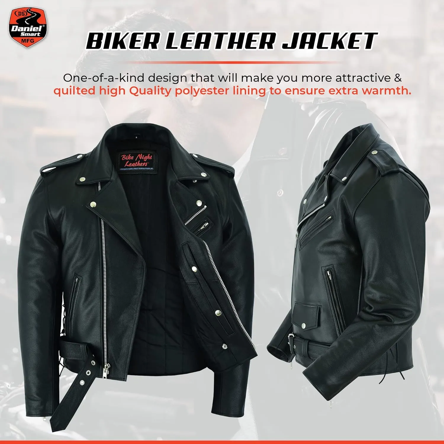Daniel Smart Men Motorcycle Leather Jacket Black Economy Biker Leather Jacket with Concealment Armory Pocket