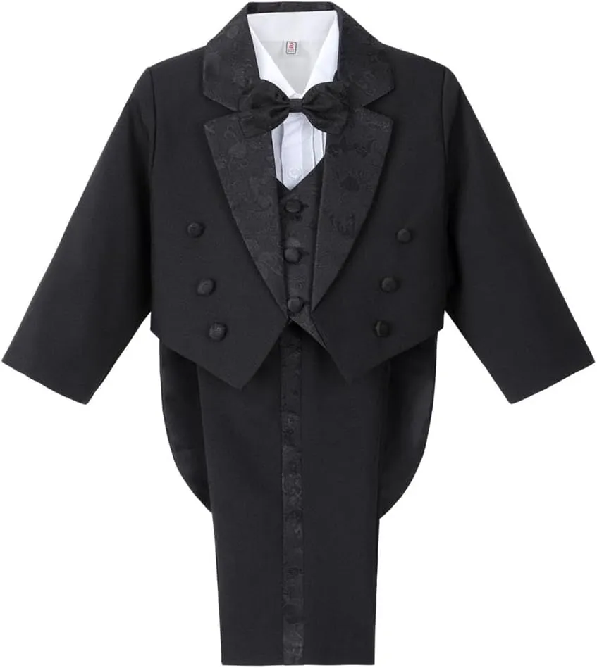 Dressy Daisy Boys Classic Fit Tuxedo Suit 5 Pieces Set Formal Wear Wedding Outfit with Vest, Black/White 011