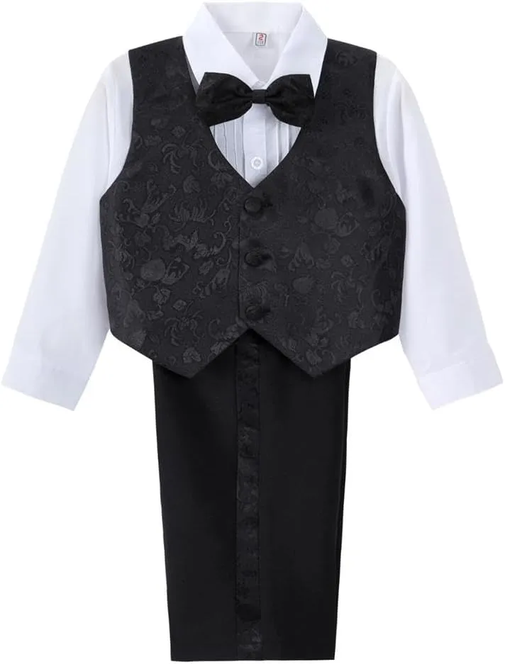 Dressy Daisy Boys Classic Fit Tuxedo Suit 5 Pieces Set Formal Wear Wedding Outfit with Vest, Black/White 011
