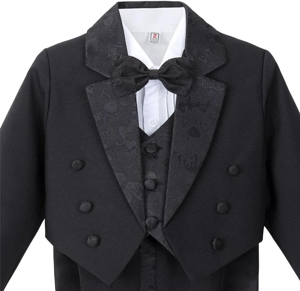 Dressy Daisy Boys Classic Fit Tuxedo Suit 5 Pieces Set Formal Wear Wedding Outfit with Vest, Black/White 011