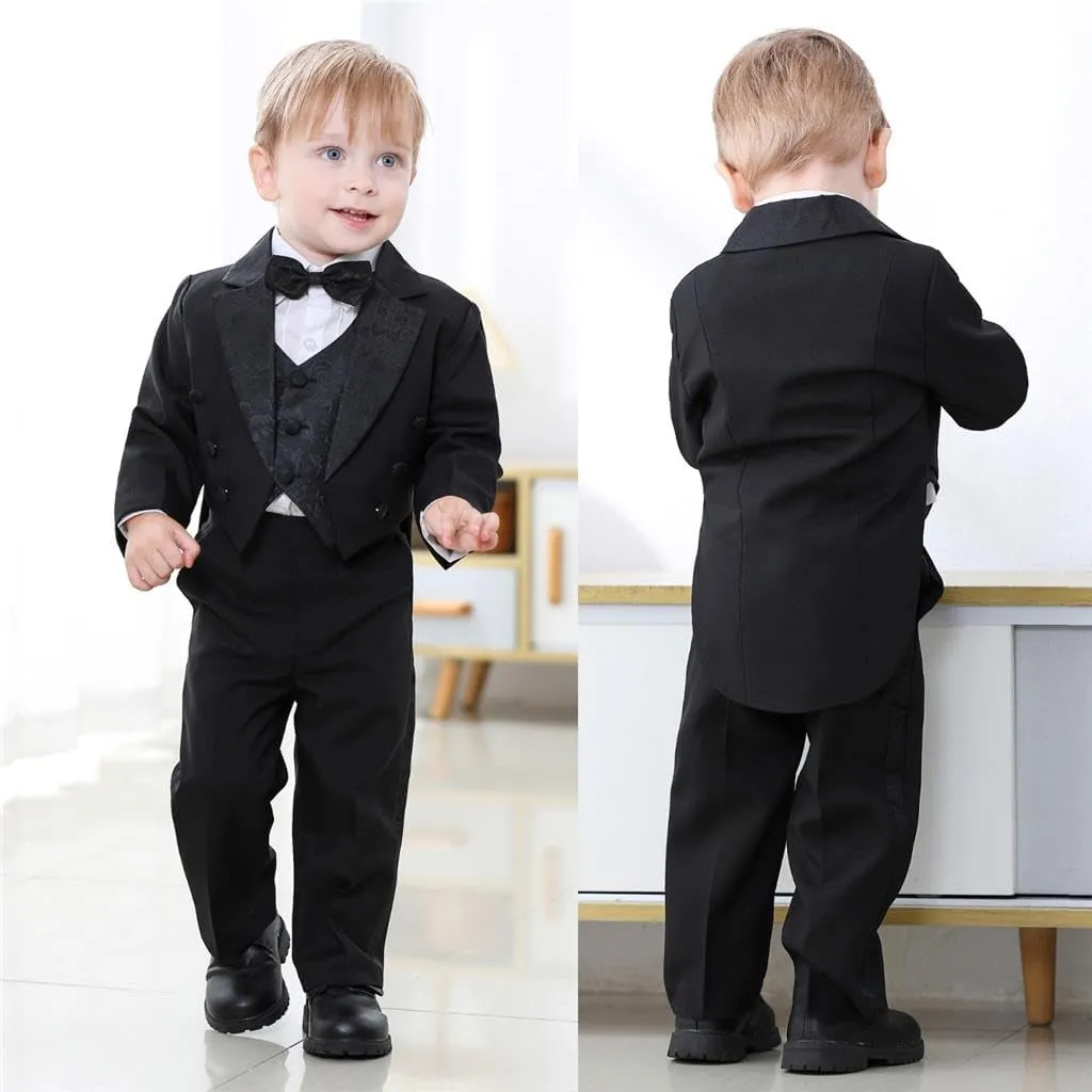 Dressy Daisy Boys Classic Fit Tuxedo Suit 5 Pieces Set Formal Wear Wedding Outfit with Vest, Black/White 011