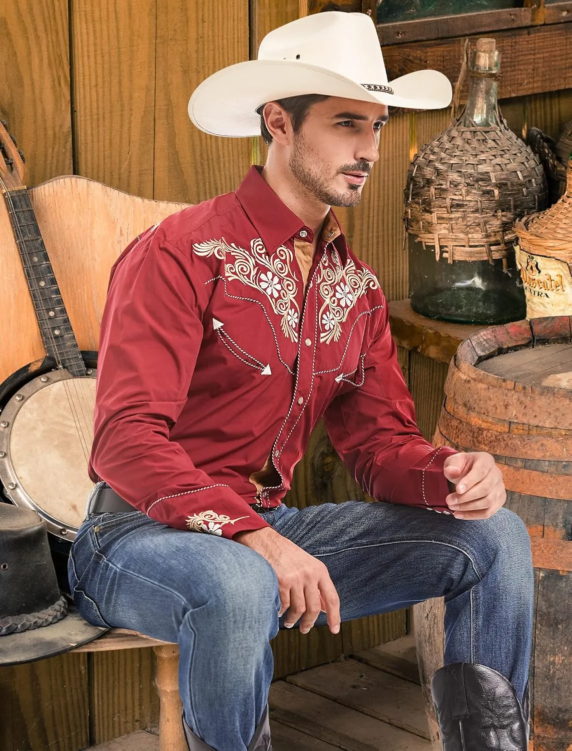 EL PIONERO Men's Western Shirt Long Sleeve Embroidered Cowboy Casual Snap Button Shirt