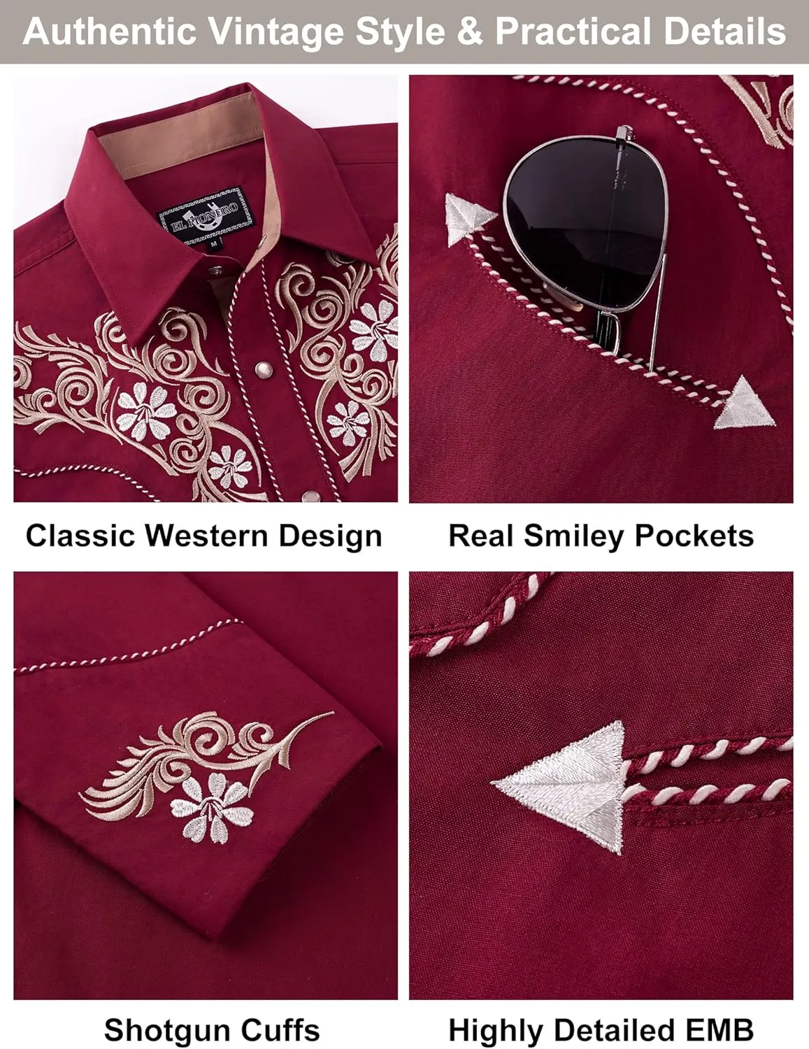 EL PIONERO Men's Western Shirt Long Sleeve Embroidered Cowboy Casual Snap Button Shirt
