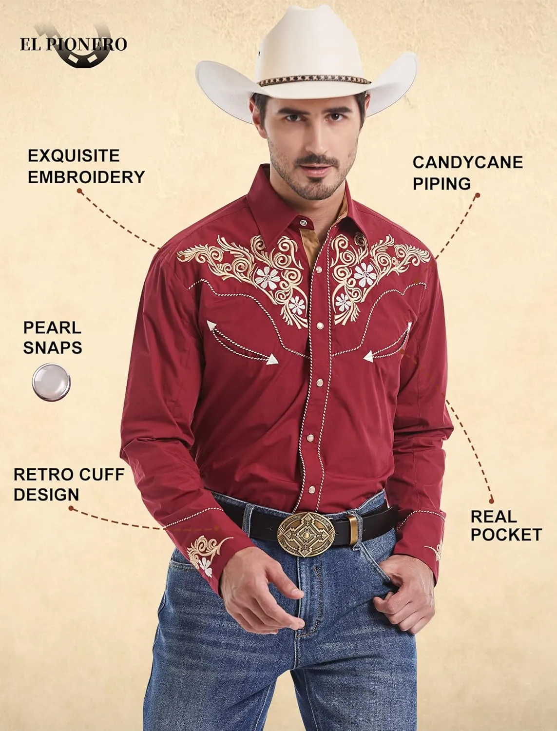 EL PIONERO Men's Western Shirt Long Sleeve Embroidered Cowboy Casual Snap Button Shirt