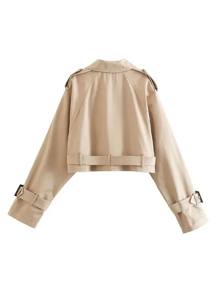 FLYTONN Women Fashion Belt Button Short Jackets Coat Female Elegant Notched Collar Long Sleeve Tops 2024 Spring Lady High Street Jacket