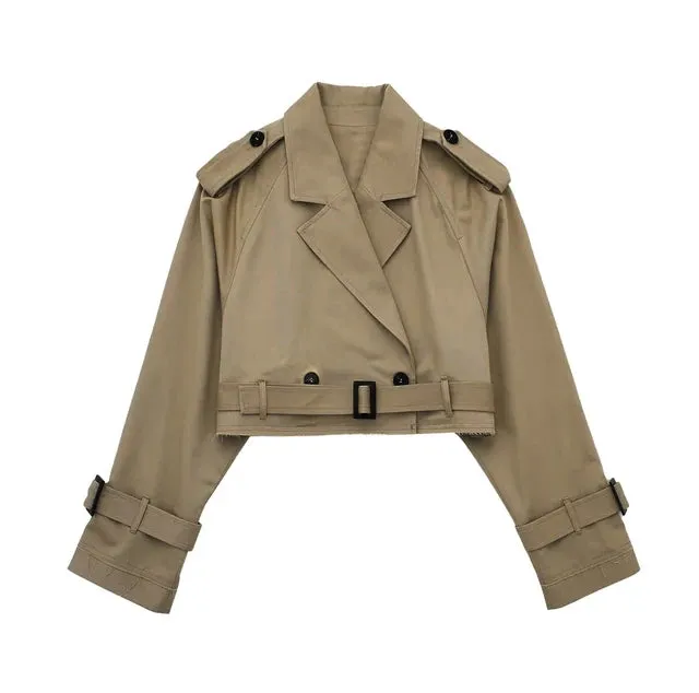 FLYTONN Women Fashion Belt Button Short Jackets Coat Female Elegant Notched Collar Long Sleeve Tops 2024 Spring Lady High Street Jacket