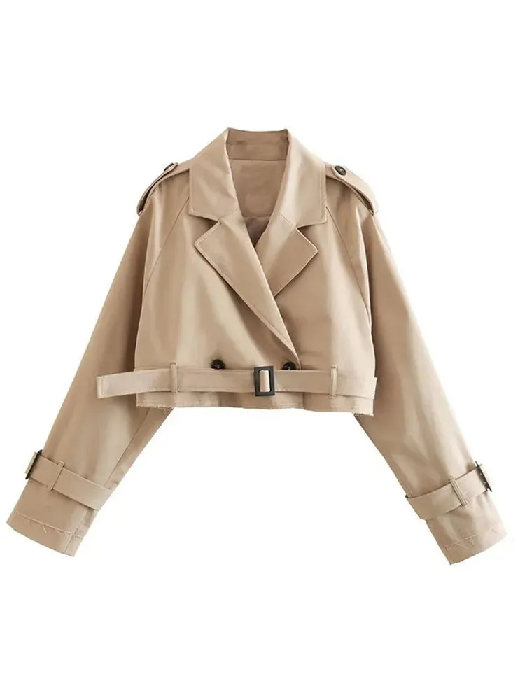 FLYTONN Women Fashion Belt Button Short Jackets Coat Female Elegant Notched Collar Long Sleeve Tops 2024 Spring Lady High Street Jacket