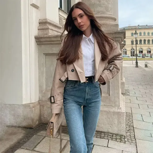 FLYTONN Women Fashion Belt Button Short Jackets Coat Female Elegant Notched Collar Long Sleeve Tops 2024 Spring Lady High Street Jacket
