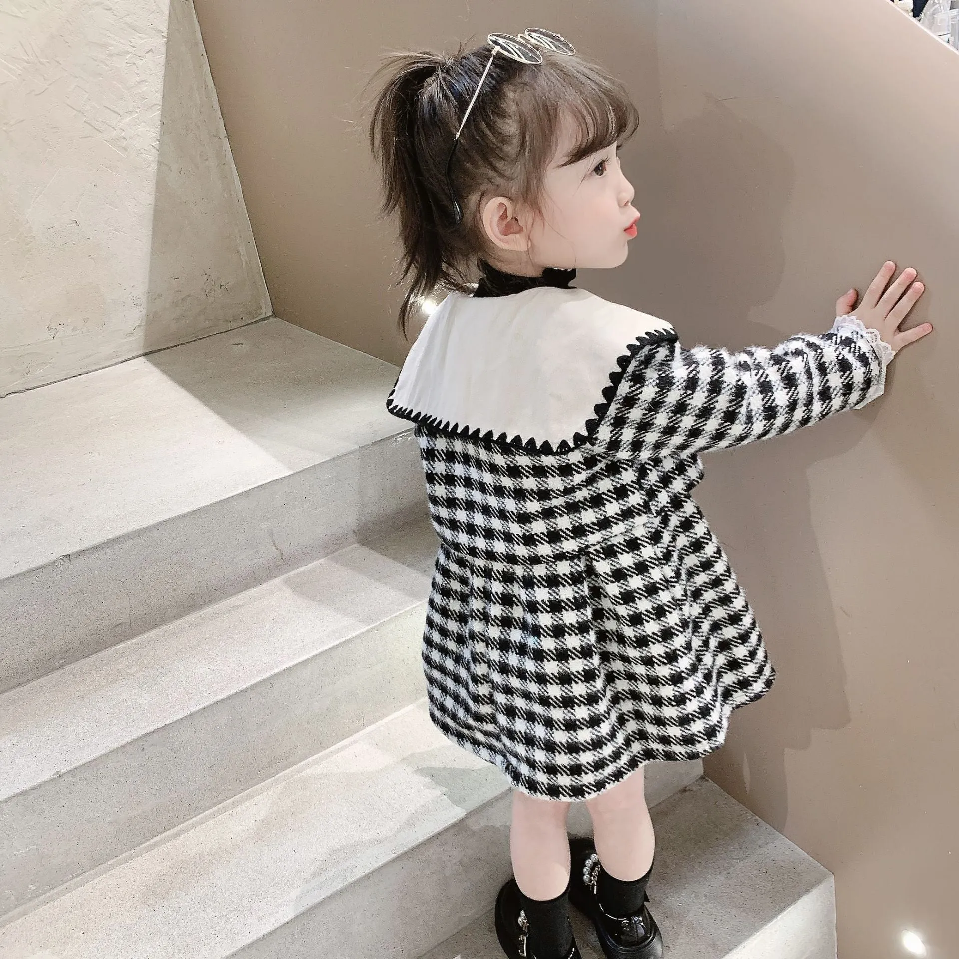 Girl's Autumn And Winter Suit Preppy Black And White Checked Wool Coat