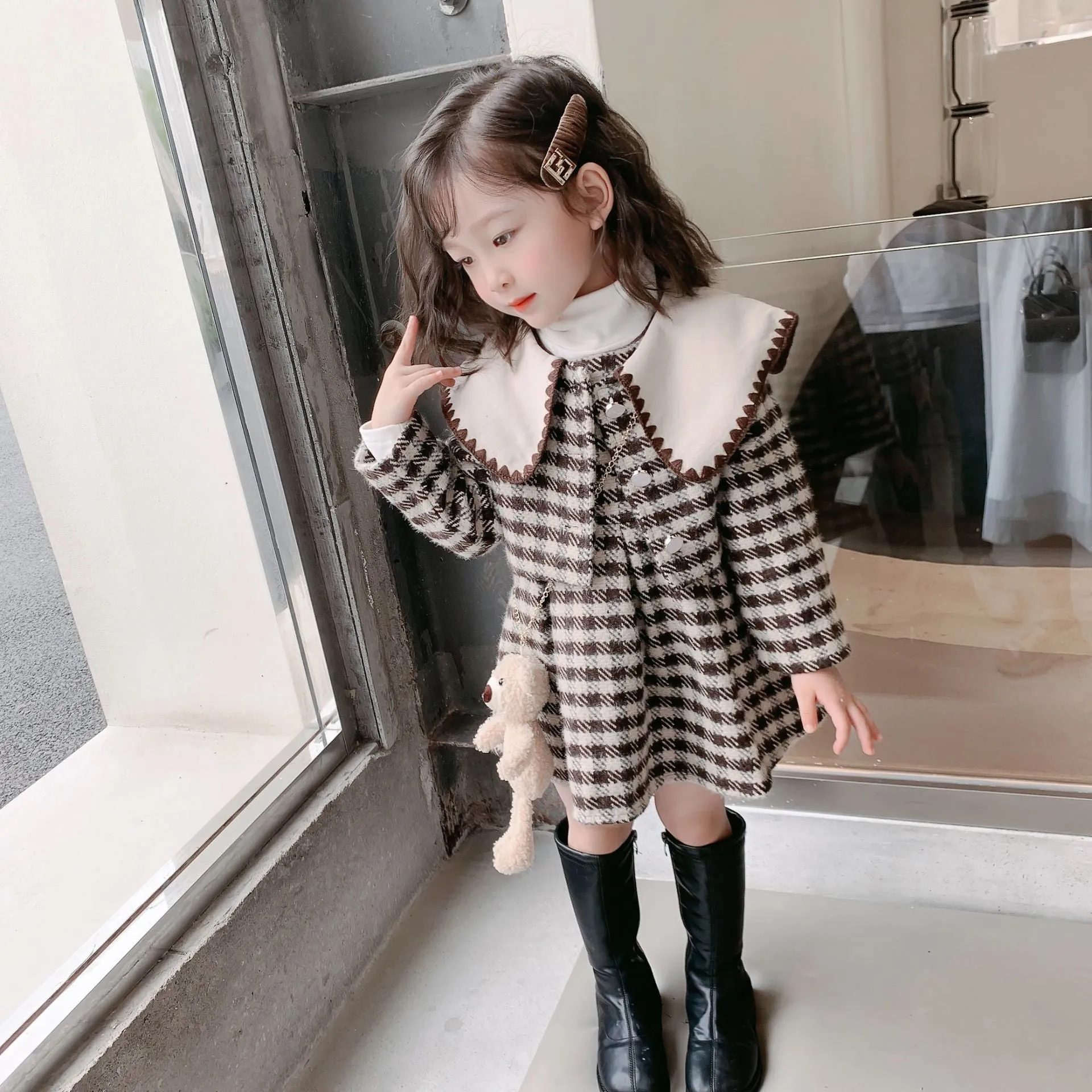 Girl's Autumn And Winter Suit Preppy Black And White Checked Wool Coat