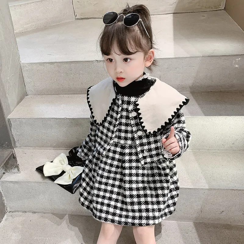 Girl's Autumn And Winter Suit Preppy Black And White Checked Wool Coat