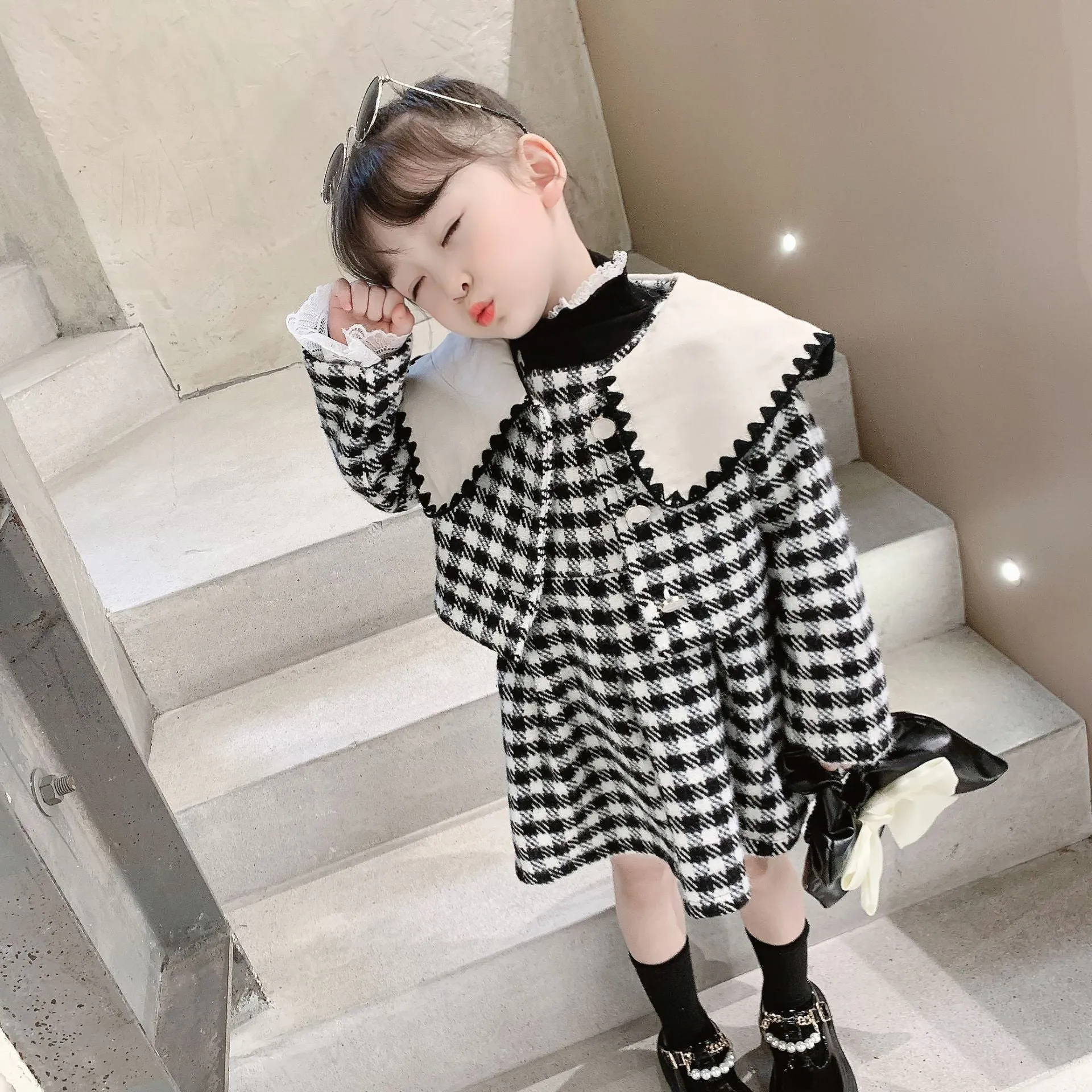 Girl's Autumn And Winter Suit Preppy Black And White Checked Wool Coat