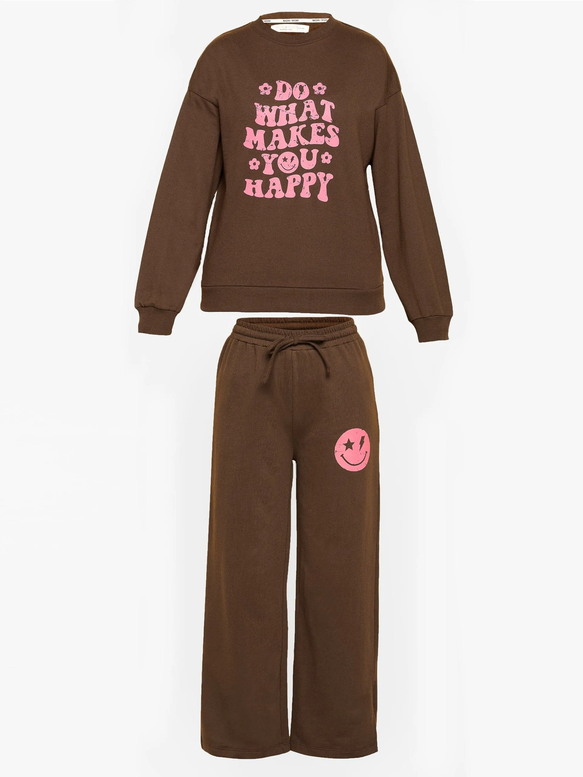 Girls Brown Happy Print Terry Sweatshirt With Track Pants - Lyush Kids