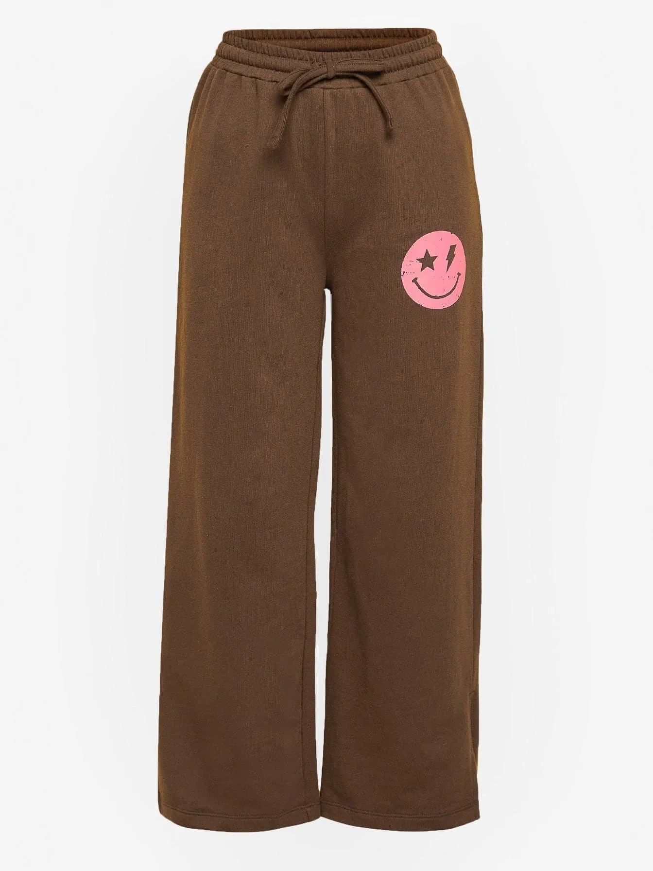 Girls Brown Happy Print Terry Sweatshirt With Track Pants - Lyush Kids