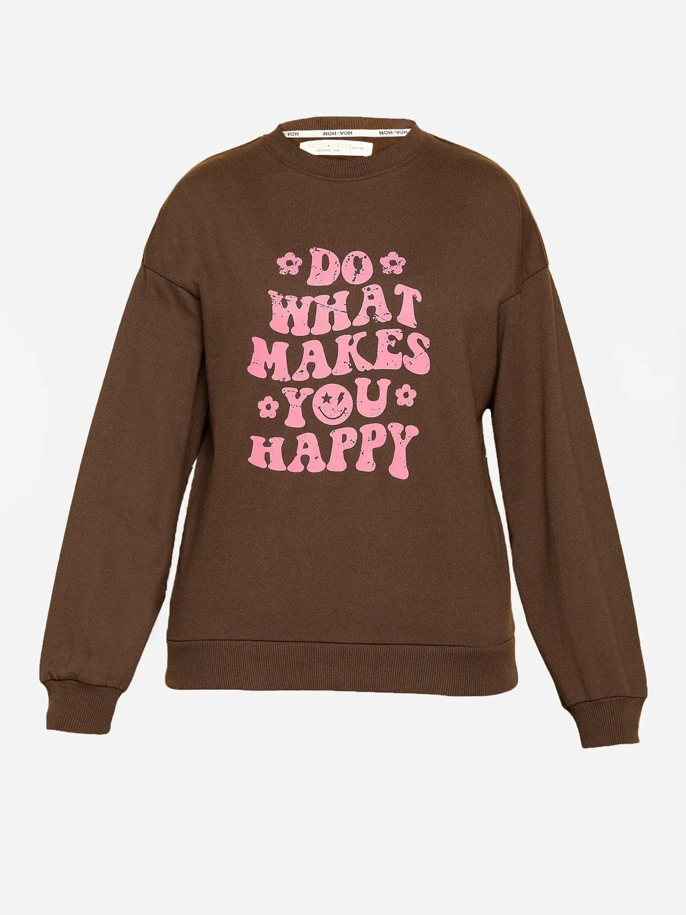 Girls Brown Happy Print Terry Sweatshirt With Track Pants - Lyush Kids