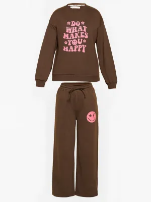 Girls Brown Happy Print Terry Sweatshirt With Track Pants - Lyush Kids
