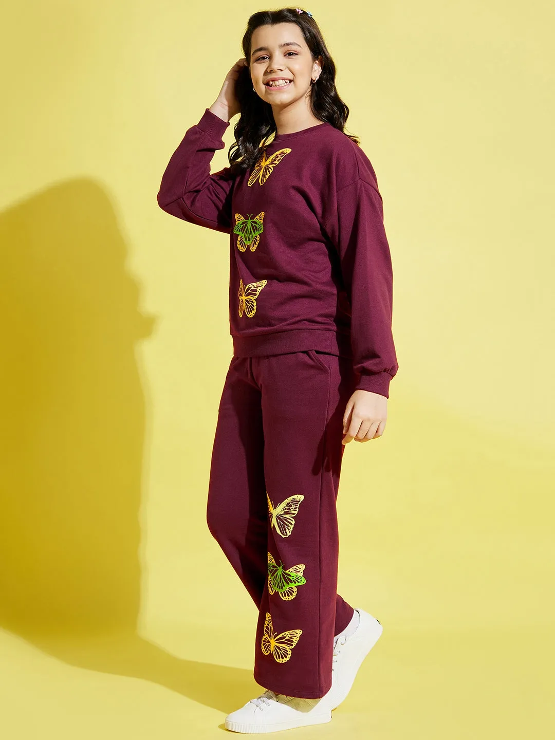 Girls Maroon Butterfly Oversize Sweatshirt With Track Pants - Lyush Kids